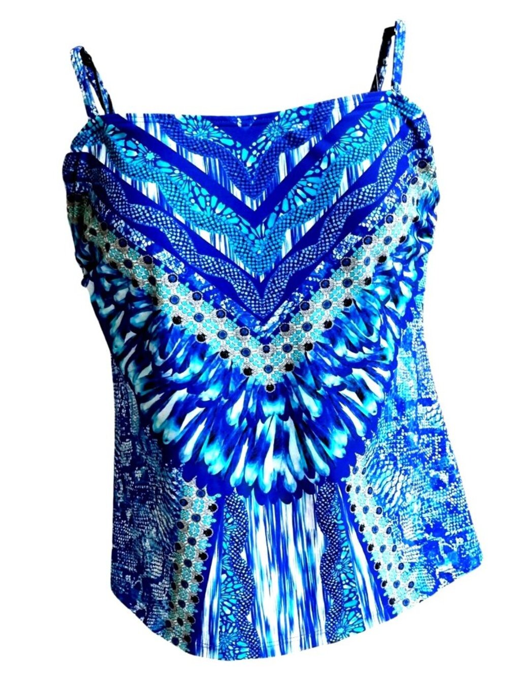 Venus Tankini Top Size 14 Blue White Floral Abstract Peacock Removable Straps